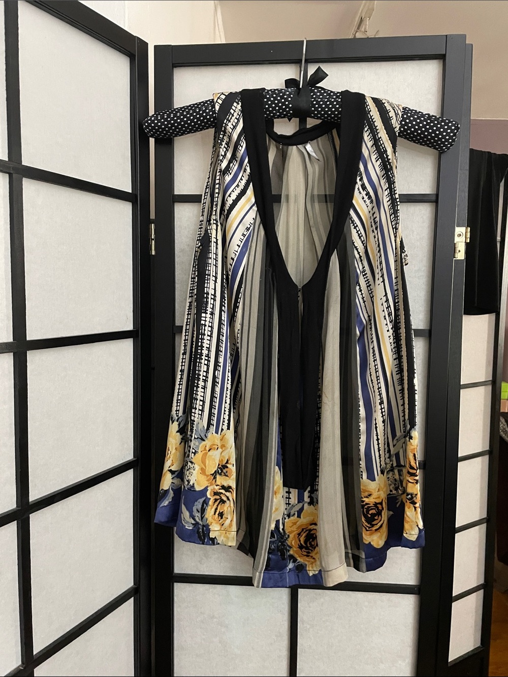 Women's Floral Stripe Sleeveless Top - Black, Blue & Yellow